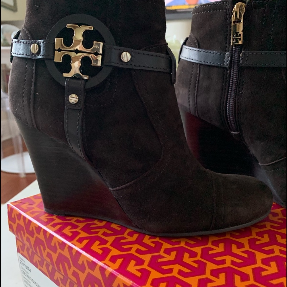 Tory Burch brown suede wedge booties